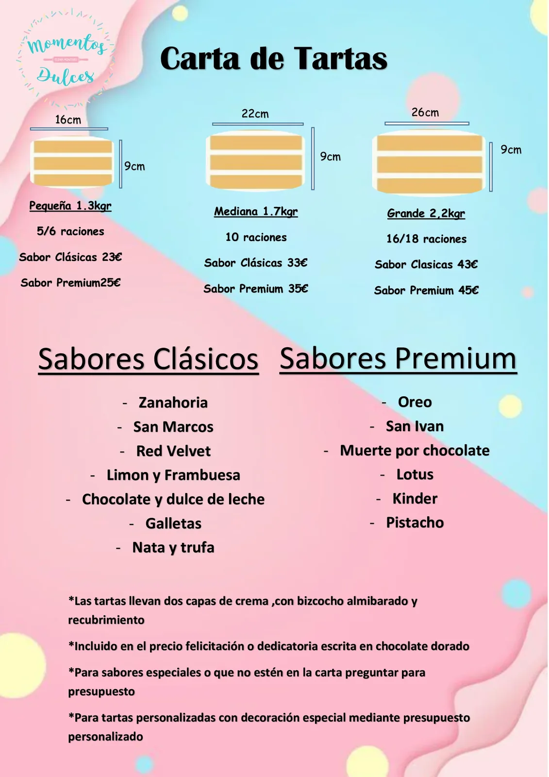 Carta de tartas Momentos Dulces